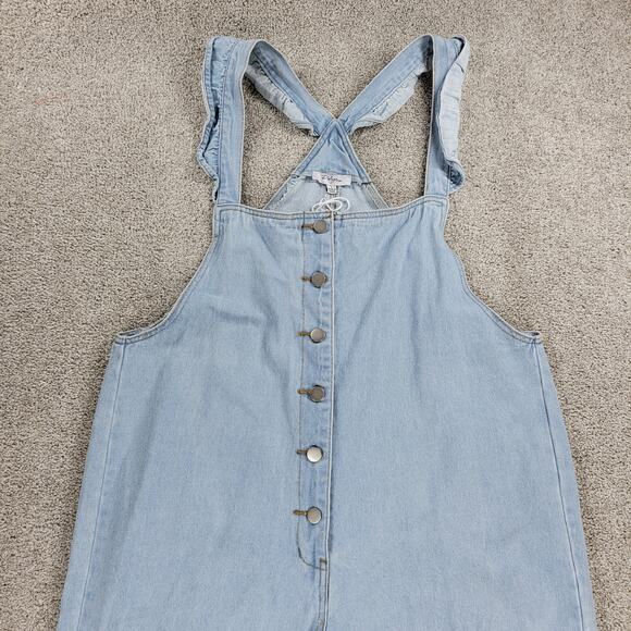 Polagram Overall Button Up Denim Jumpsuit Womens L Blue Light Wash Ruffle Straps - Picture 15 of 16